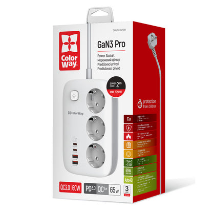 Extensão ColorWay, 3 x Schuko, Branca