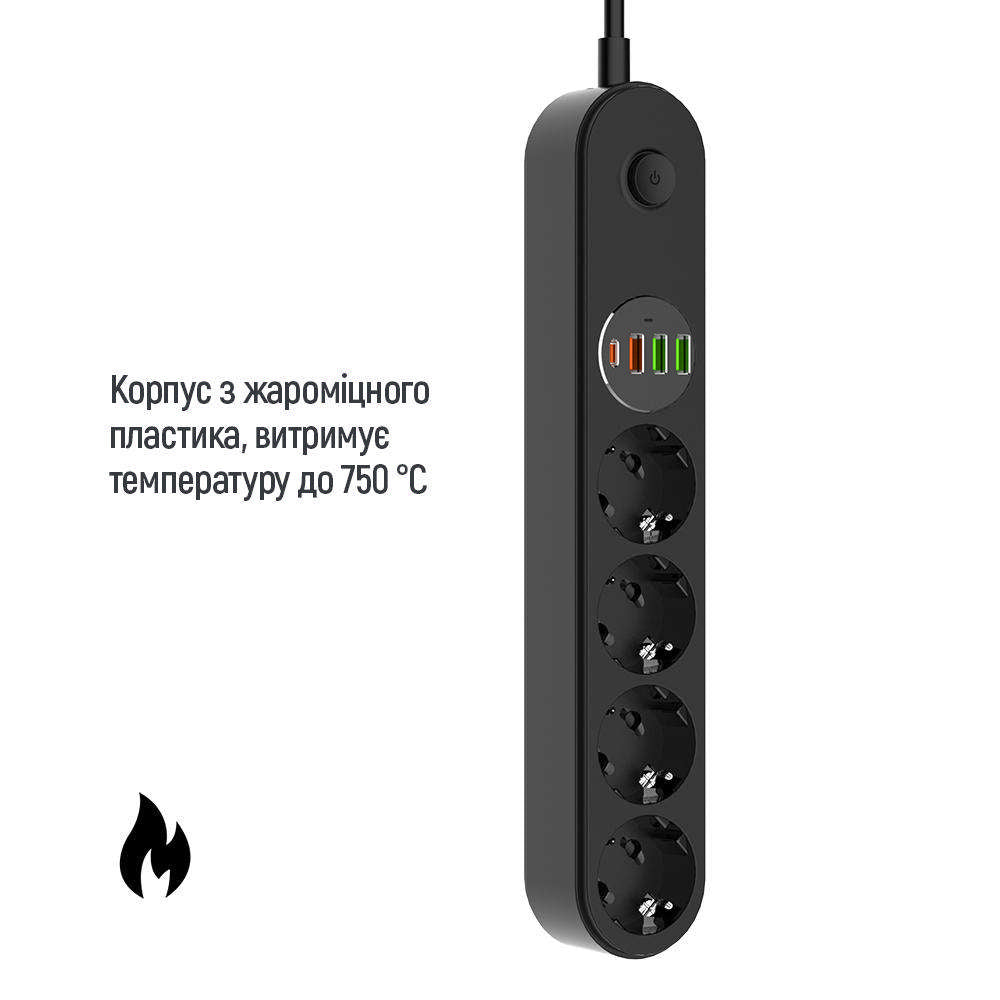 Extensão ColorWay, 4 x Schuko - 3 x USB-A - 1 x USB-C, Preto