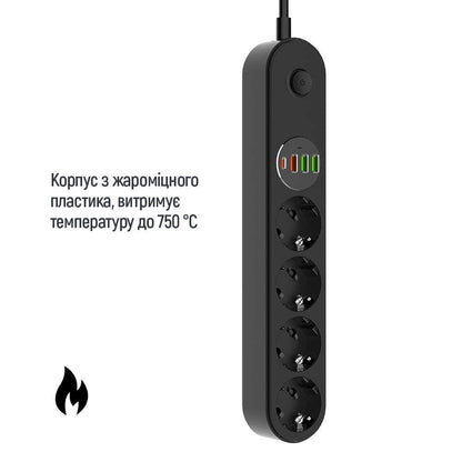 Extensão ColorWay, 4 x Schuko - 3 x USB-A - 1 x USB-C, Preto
