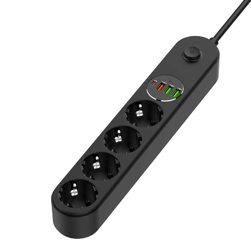 Extensão ColorWay, 4 x Schuko - 3 x USB-A - 1 x USB-C, Preto