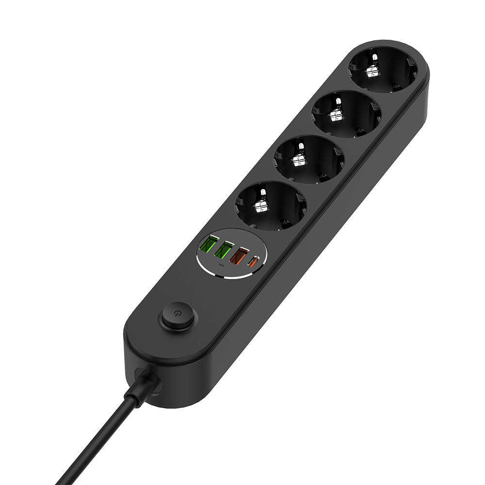 Extensão ColorWay, 4 x Schuko - 3 x USB-A - 1 x USB-C, Preto