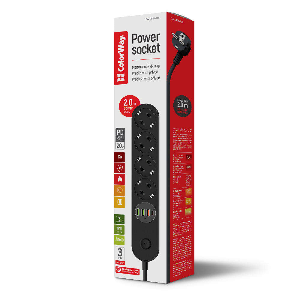 Extensão ColorWay, 4 x Schuko - 3 x USB-A - 1 x USB-C, Preto