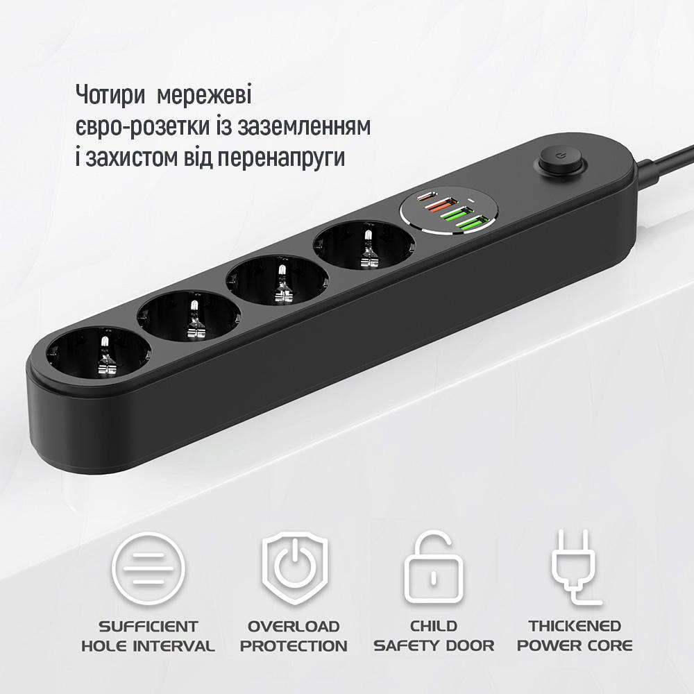 Extensão ColorWay, 4 x Schuko - 3 x USB-A - 1 x USB-C, Preto