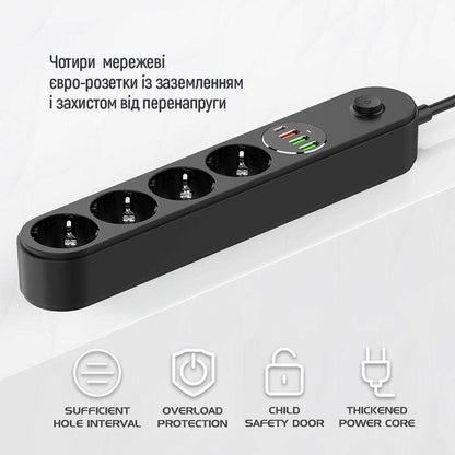 Extensão ColorWay, 4 x Schuko - 3 x USB-A - 1 x USB-C, Preto
