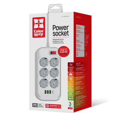 Extensão ColorWay, 6 x Schuko, Branco