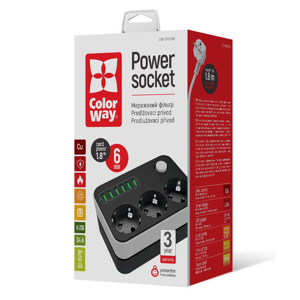 Extensão ColorWay, 3 x Schuko - 6 x USB-A, Preto
