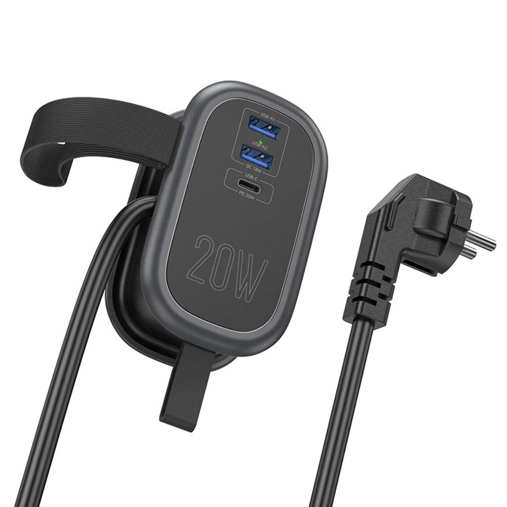 Carregador de rede HOCO NS7, 2 x USB-A - 1 x USB-C - 1 x Schuko, Preto 