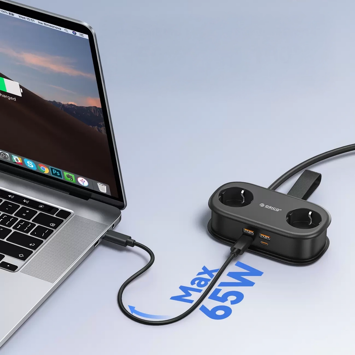Extensão Orico AP3, 2 x Schuko - 2 x USB-A - 2 x USB-C, Preto