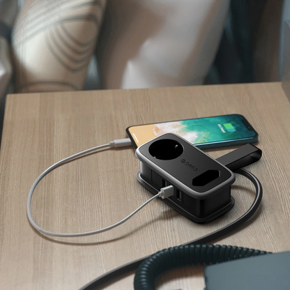 Extensão Orico APP, 1 x Schuko - 1 x Tomada - 2 x USB-A - 1 x USB-C, Preto Cinzento