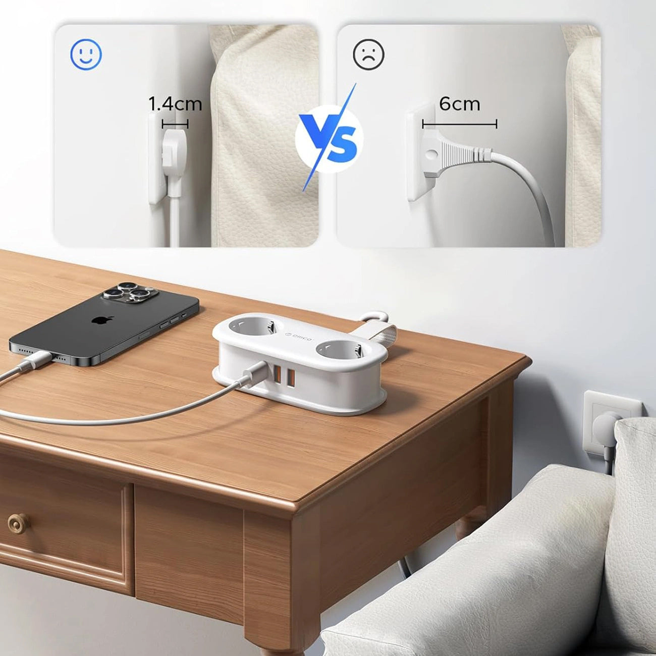 Extensão Orico APP, 2 x Schuko - 2 x USB-A - 1 x USB-C, Branco