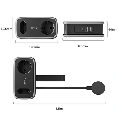 Extensão Orico APP, 1 x Schuko - 1 x Tomada - 2 x USB-A - 1 x USB-C, Preto Cinzento