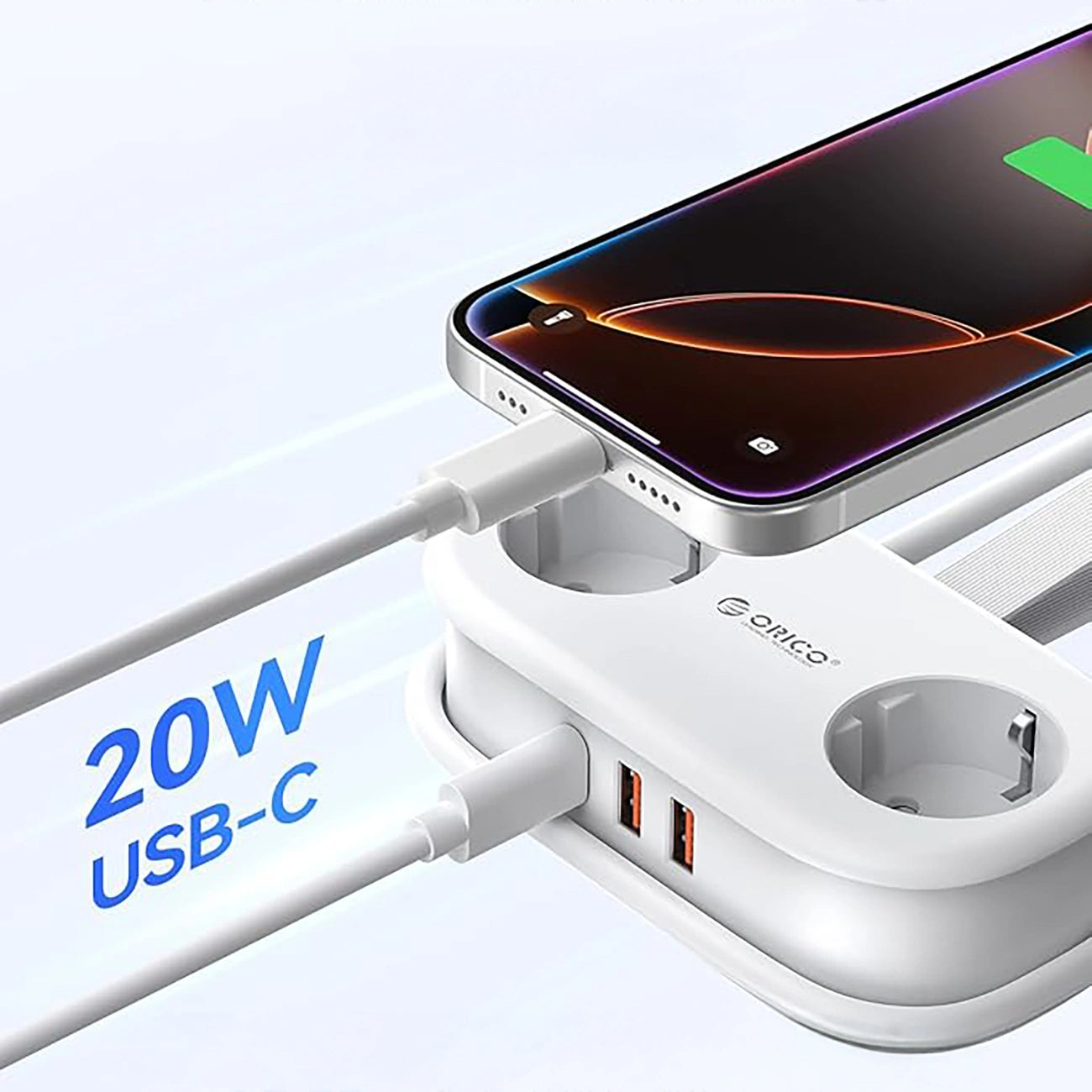 Extensão Orico APP, 2 x Schuko - 2 x USB-A - 1 x USB-C, Branco