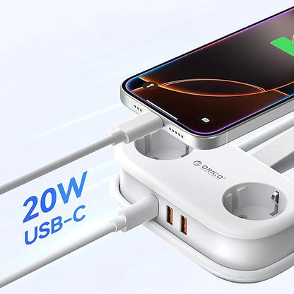 Extensão Orico APP, 2 x Schuko - 2 x USB-A - 1 x USB-C, Branco