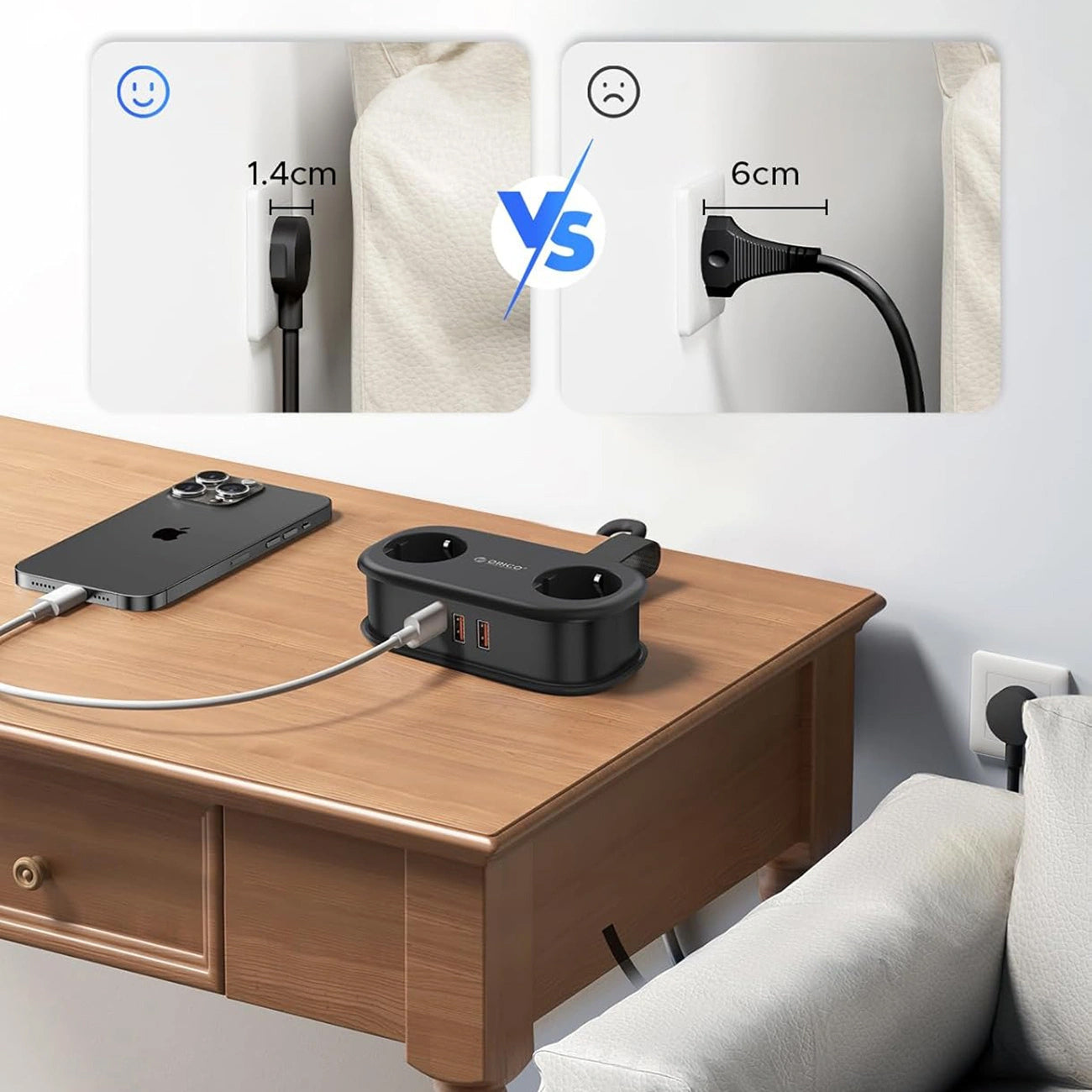 Extensão Orico APP, 2 x Schuko - 2 x USB-A - 1 x USB-C, Preto