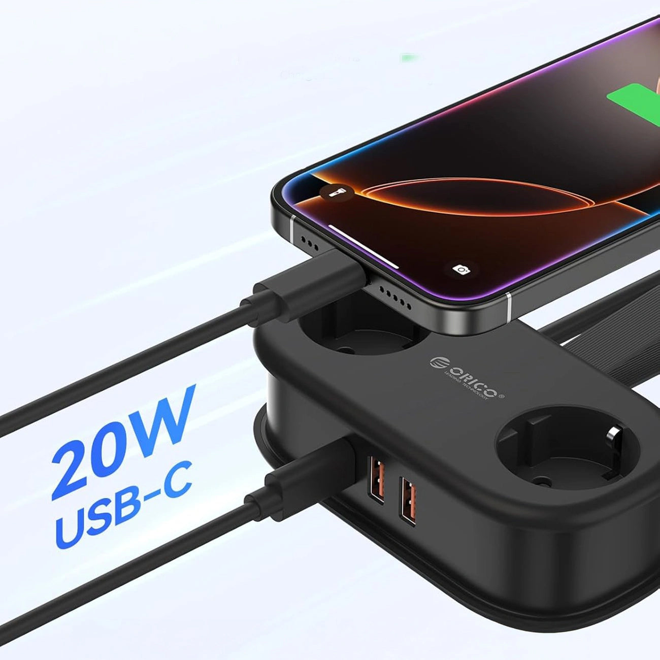 Extensão Orico APP, 2 x Schuko - 2 x USB-A - 1 x USB-C, Preto