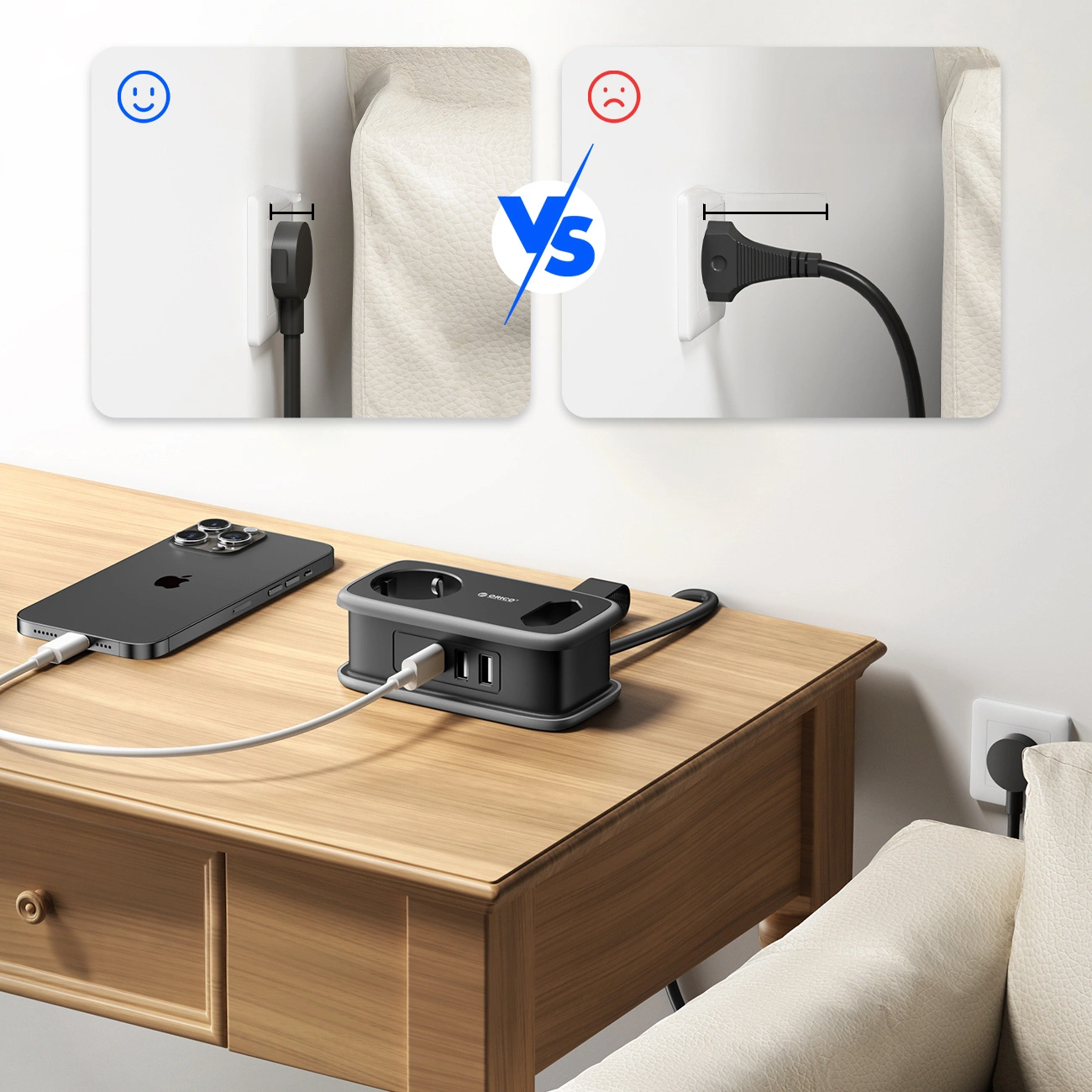 Extensão Orico APP, 1 x Schuko - 1 x Tomada - 2 x USB-A - 1 x USB-C, Preto Cinzento
