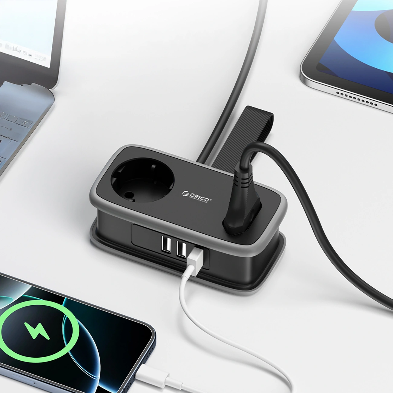 Extensão Orico APP, 1 x Schuko - 1 x Tomada - 2 x USB-A - 1 x USB-C, Preto Cinzento