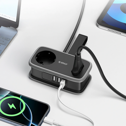 Extensão Orico APP, 1 x Schuko - 1 x Tomada - 2 x USB-A - 1 x USB-C, Preto Cinzento