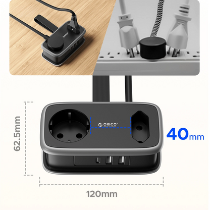 Extensão Orico APP, 1 x Schuko - 1 x Tomada - 2 x USB-A - 1 x USB-C, Preto Cinzento