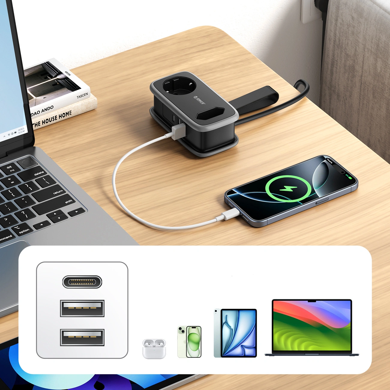 Extensão Orico APP, 1 x Schuko - 1 x Tomada - 2 x USB-A - 1 x USB-C, Preto Cinzento