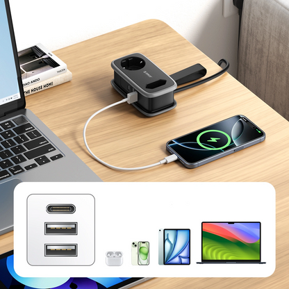 Extensão Orico APP, 1 x Schuko - 1 x Tomada - 2 x USB-A - 1 x USB-C, Preto Cinzento