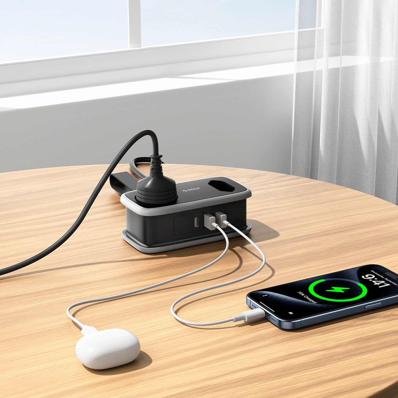 Extensão Orico APP, 1 x Schuko - 1 x Tomada - 2 x USB-A - 1 x USB-C, Preto Cinzento