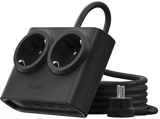 Extensão Orico PDC25, 2 x Schuko - 2 x USB-A - 2 x USB-C, Preto