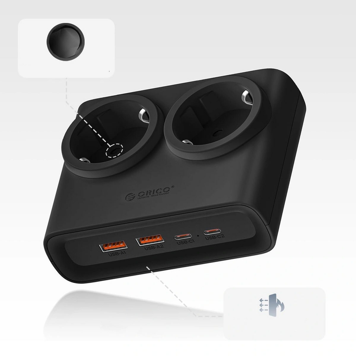 Extensão Orico PDC25, 2 x Schuko - 2 x USB-A - 2 x USB-C, Preto