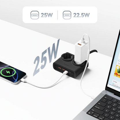 Extensão Orico PDC25, 2 x Schuko - 2 x USB-A - 2 x USB-C, Preto