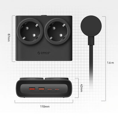 Extensão Orico PDC25, 2 x Schuko - 2 x USB-A - 2 x USB-C, Preto