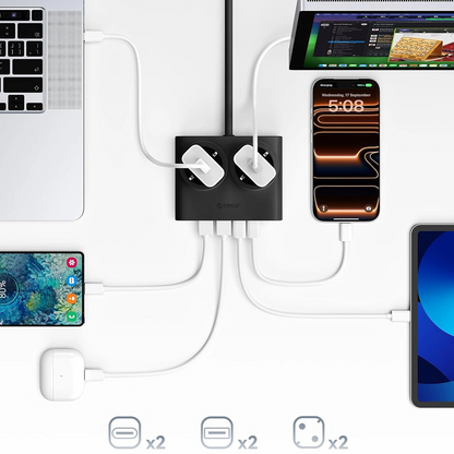Extensão Orico PDC25, 2 x Schuko - 2 x USB-A - 2 x USB-C, Preto