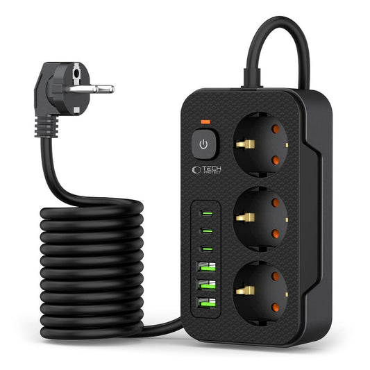 Extensão Tech-Protect PC3X6, 3 x Schuko, Preto