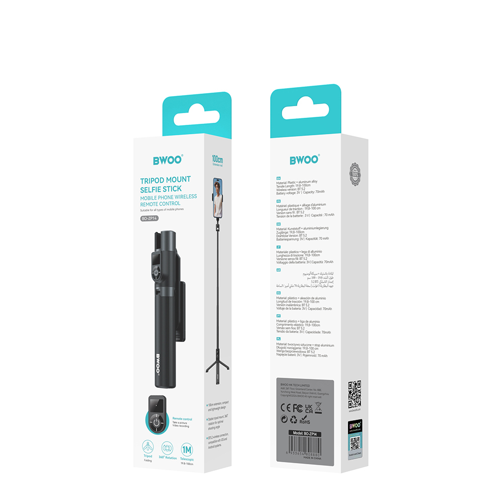 Selfie Stick Bluetooth BWOO BO-ZP14, Universal, Preto