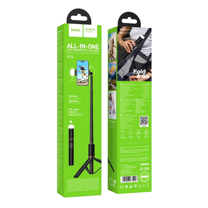 Selfie Stick Bluetooth HOCO K34, 4,5 polegadas - 7 polegadas, Preto