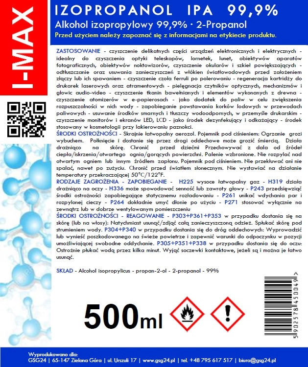 Spray de Limpeza Álcool Isopropílico GSG24 I-Max, 500ml