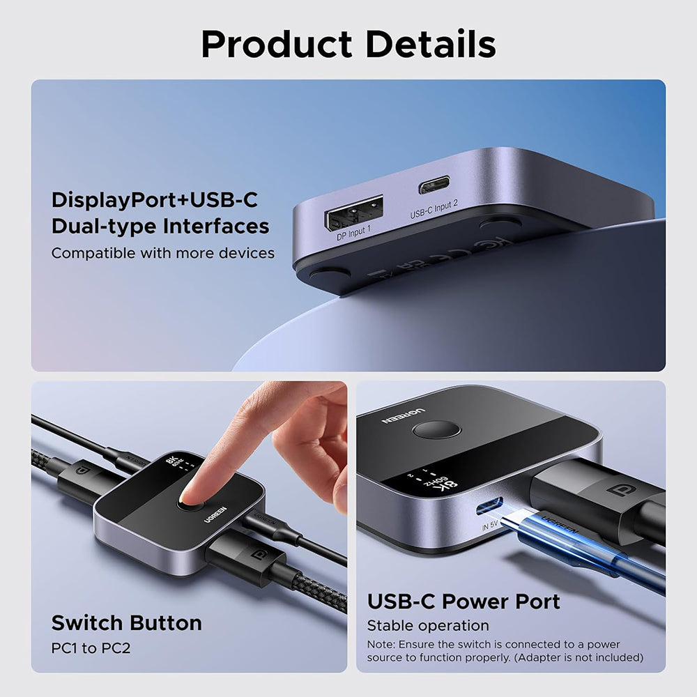 Switch Video DisplayPort / USB-C UGREEN 65878, Preto