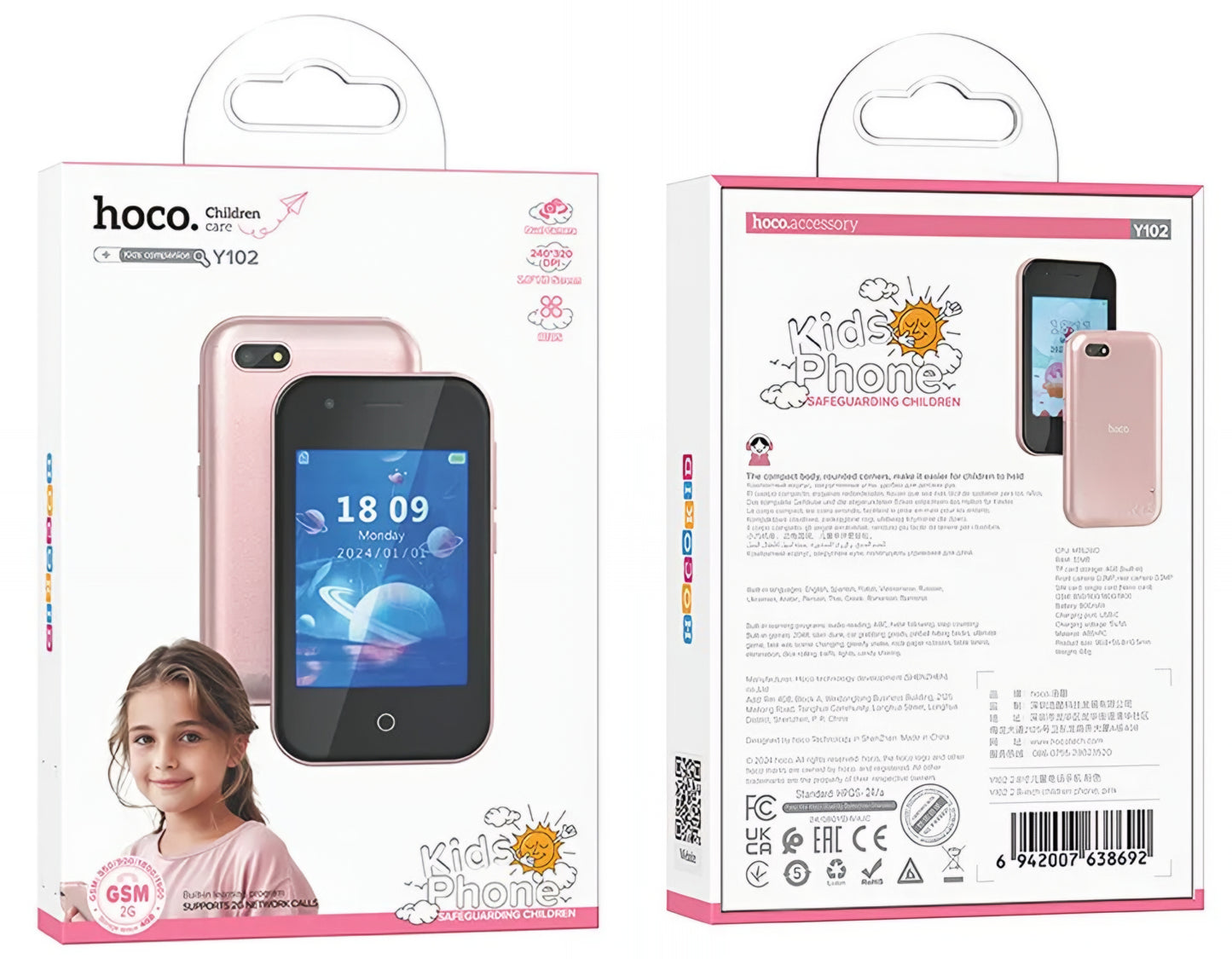 Telemóvel HOCO Y102 Kids, 2G, Ecrã 2.8 polegadas, Rosa