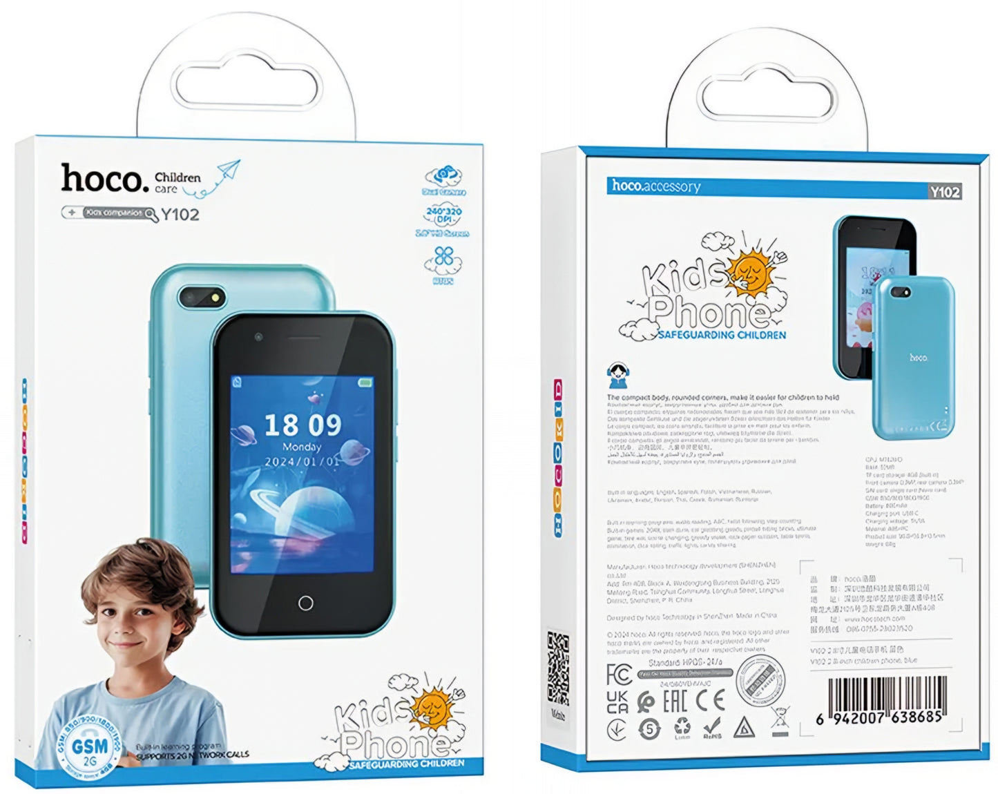 Telemóvel HOCO Y102 Kids, 2G, Ecrã 2.8 polegadas, Azul